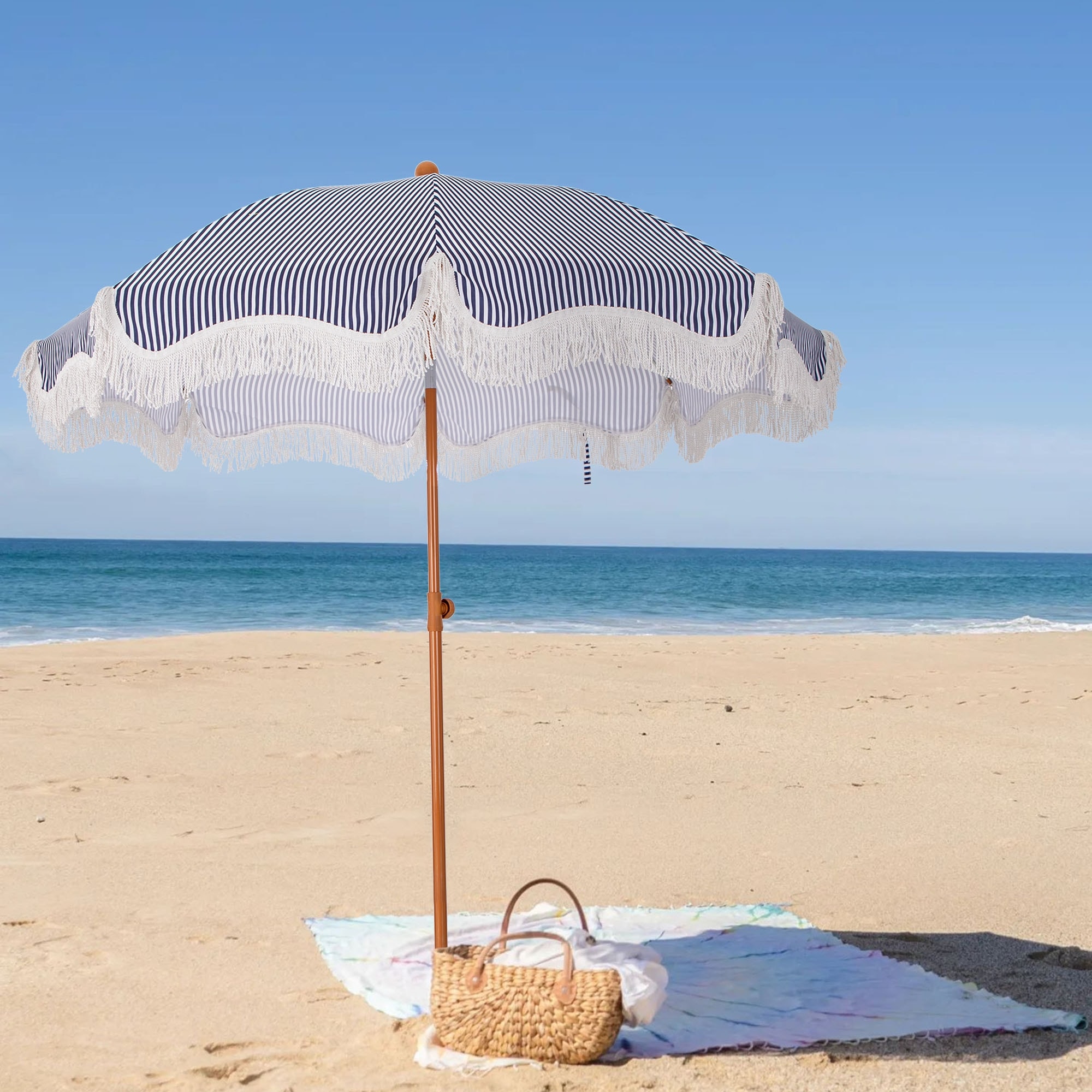7ft Patio Fringe Umbrella Outdor Tassel Beach Umbrella with Push Botton Tilt UPF50